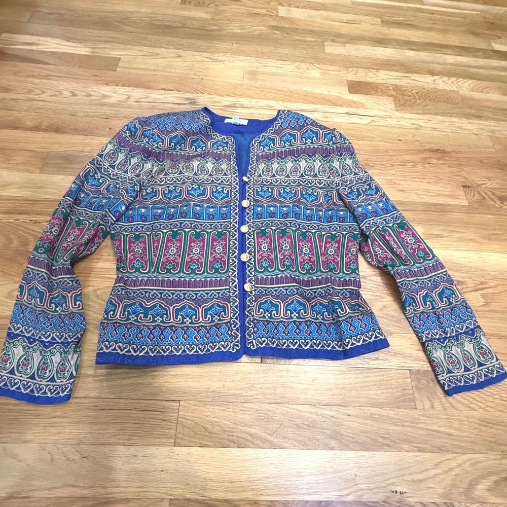 Papell Petites Vintage 100% Silk Tapestry Print Button Front Jacket Blue 12P